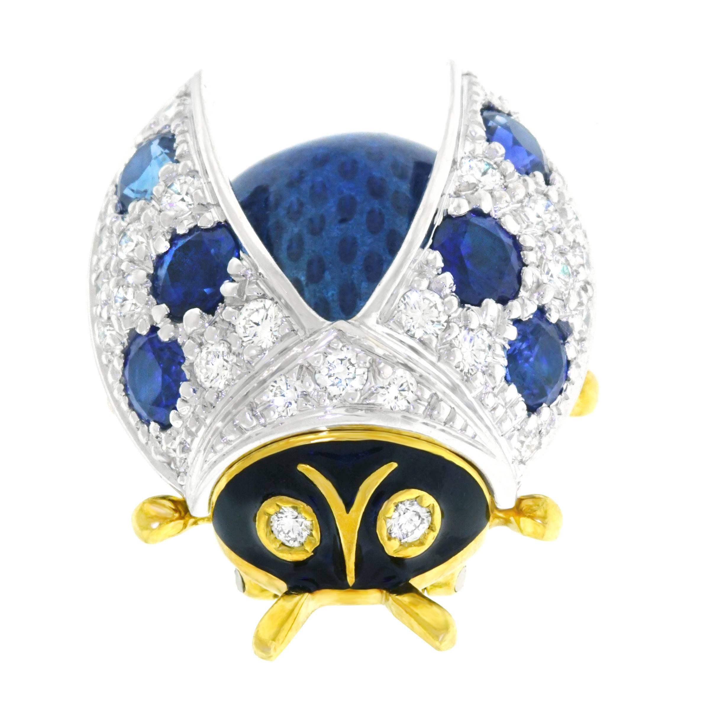 Meister Sapphire, Diamond, and Enamel Lady Bug Brooch in Gold 3