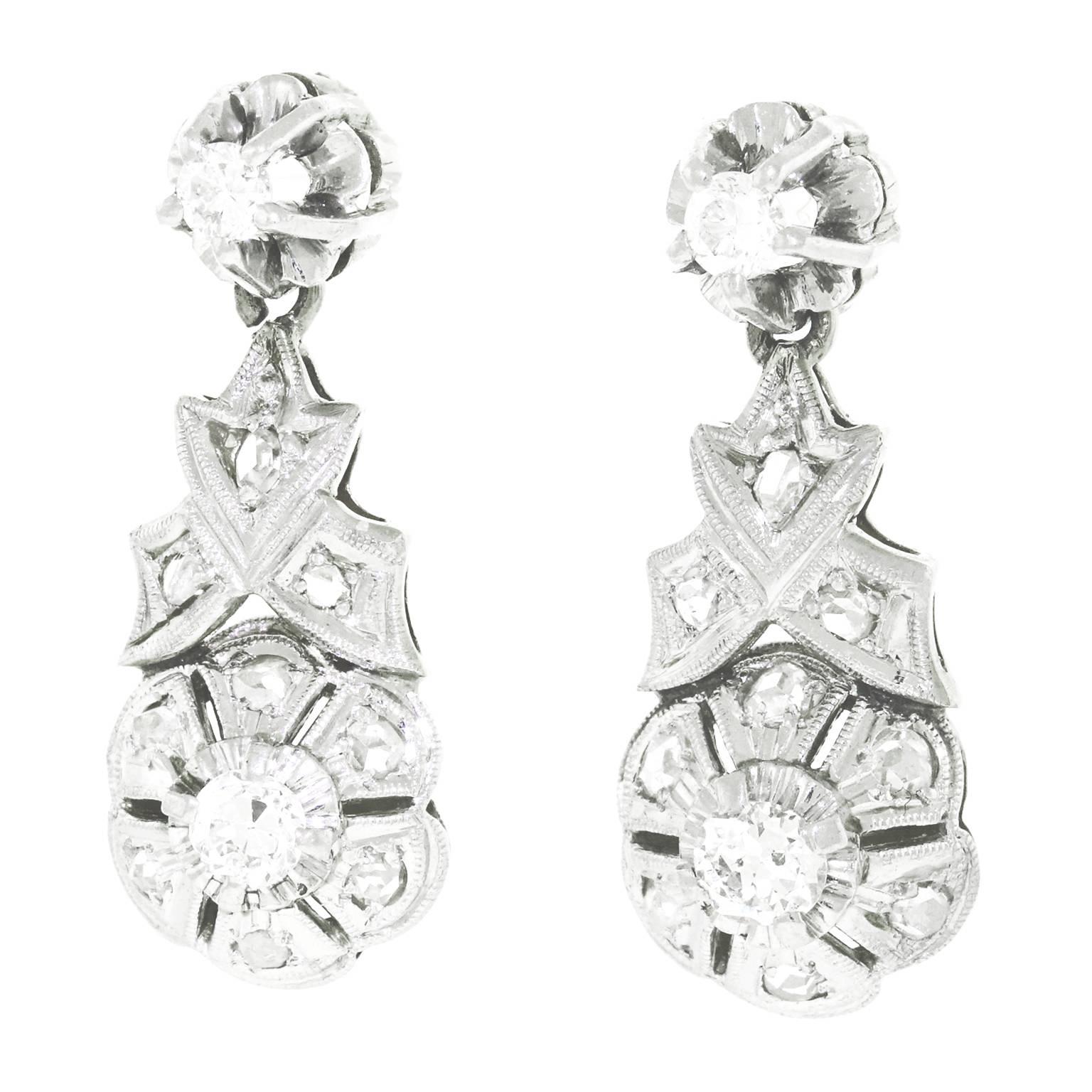 Art Deco Diamond Platinum over Gold Earrings In Excellent Condition In Litchfield, CT