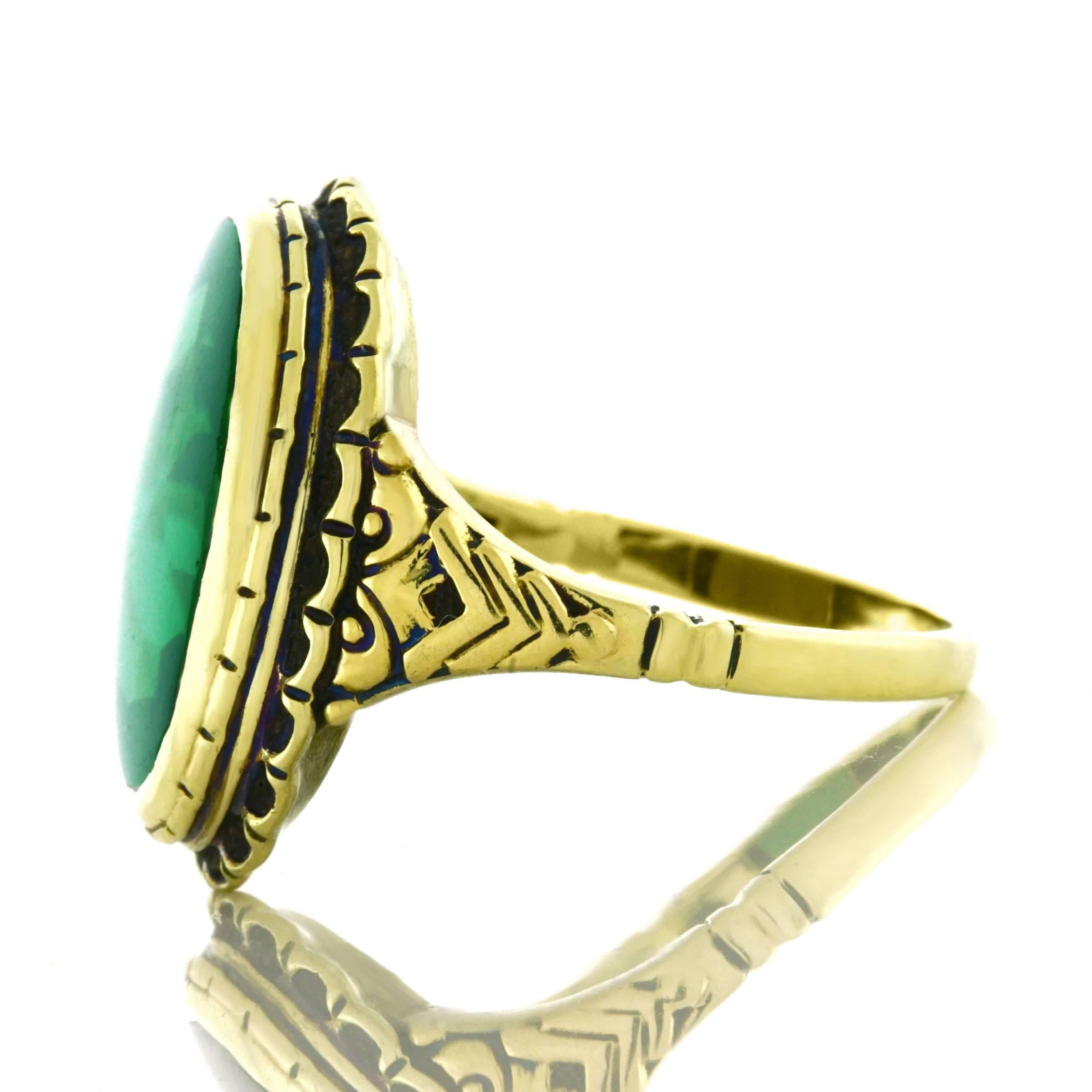 Art Deco Green Tourmaline Signet Style Gold Ring 3