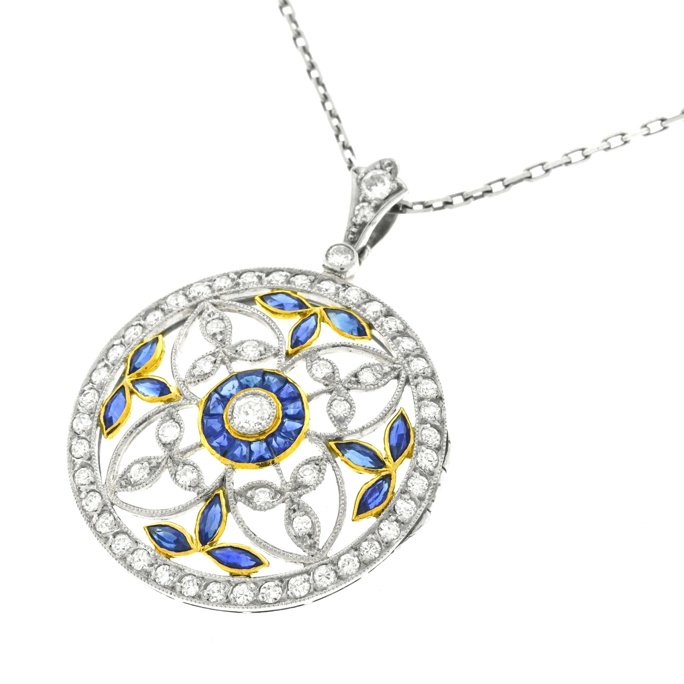 Art Deco Diamond and Sapphire Set Platinum over Gold Pendant In Excellent Condition In Litchfield, CT