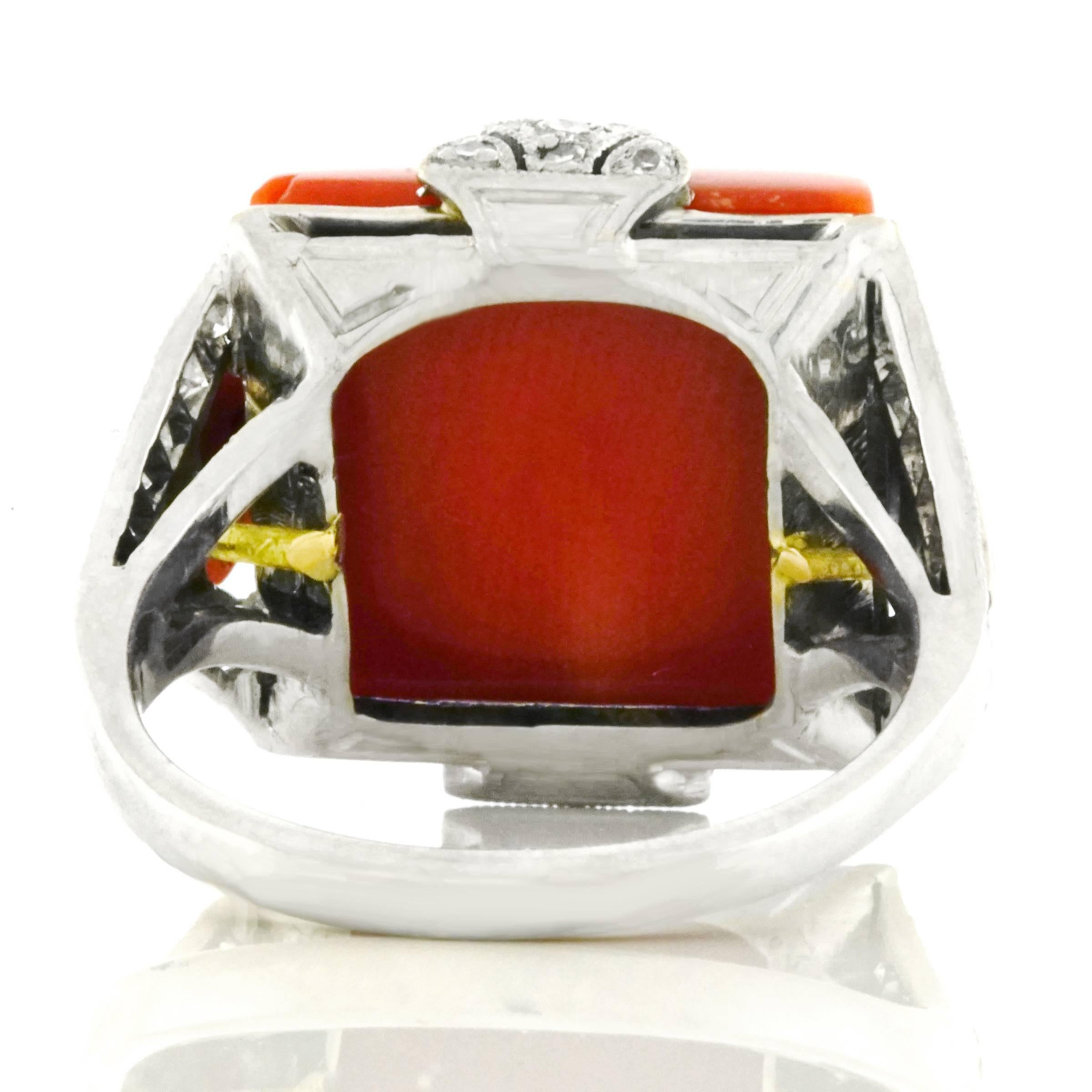 Art Deco Coral, Diamond and Enamel Gold Ring 1