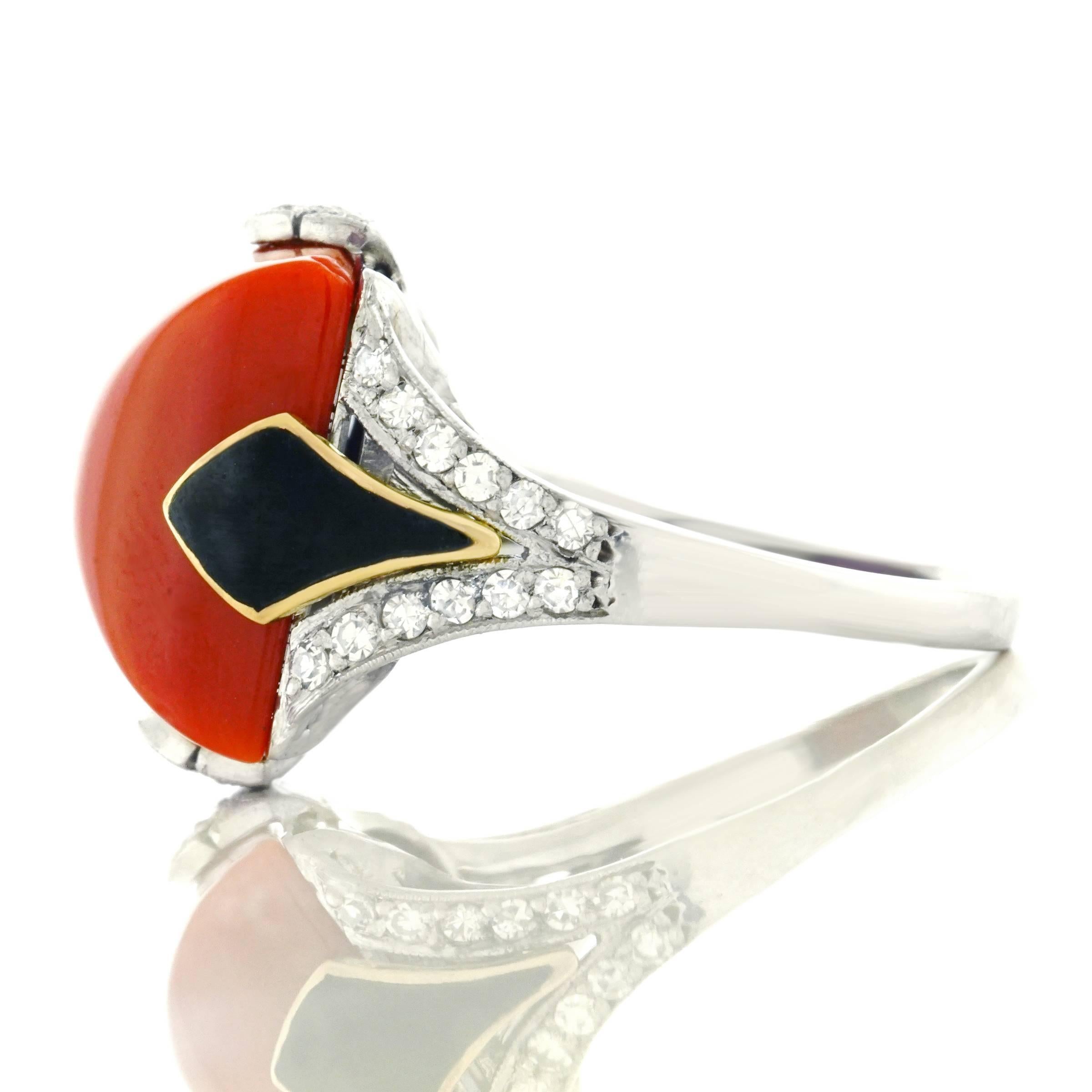 Art Deco Coral, Diamond and Enamel Gold Ring 3