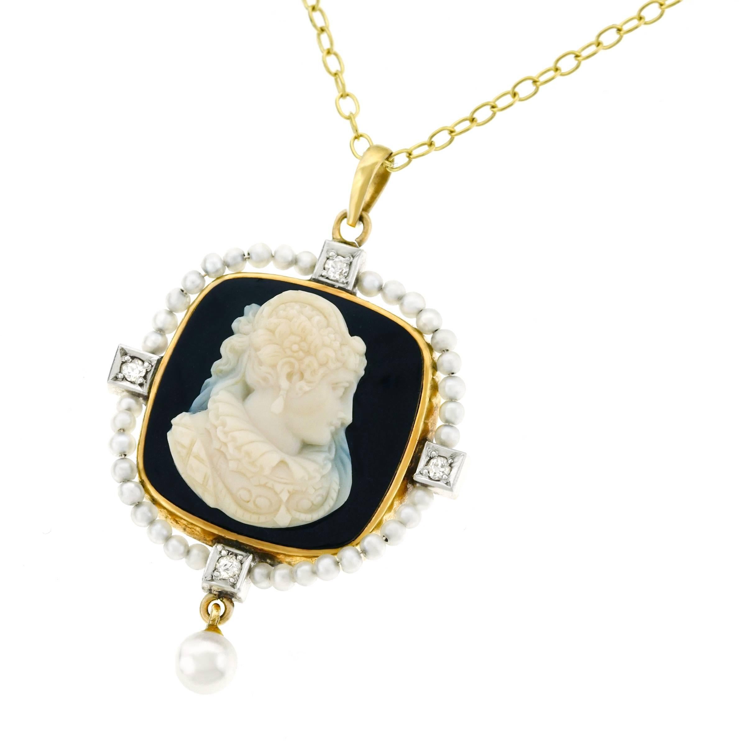 Gothic Cameo and Seed Pearl Gold Pendant In Excellent Condition In Litchfield, CT