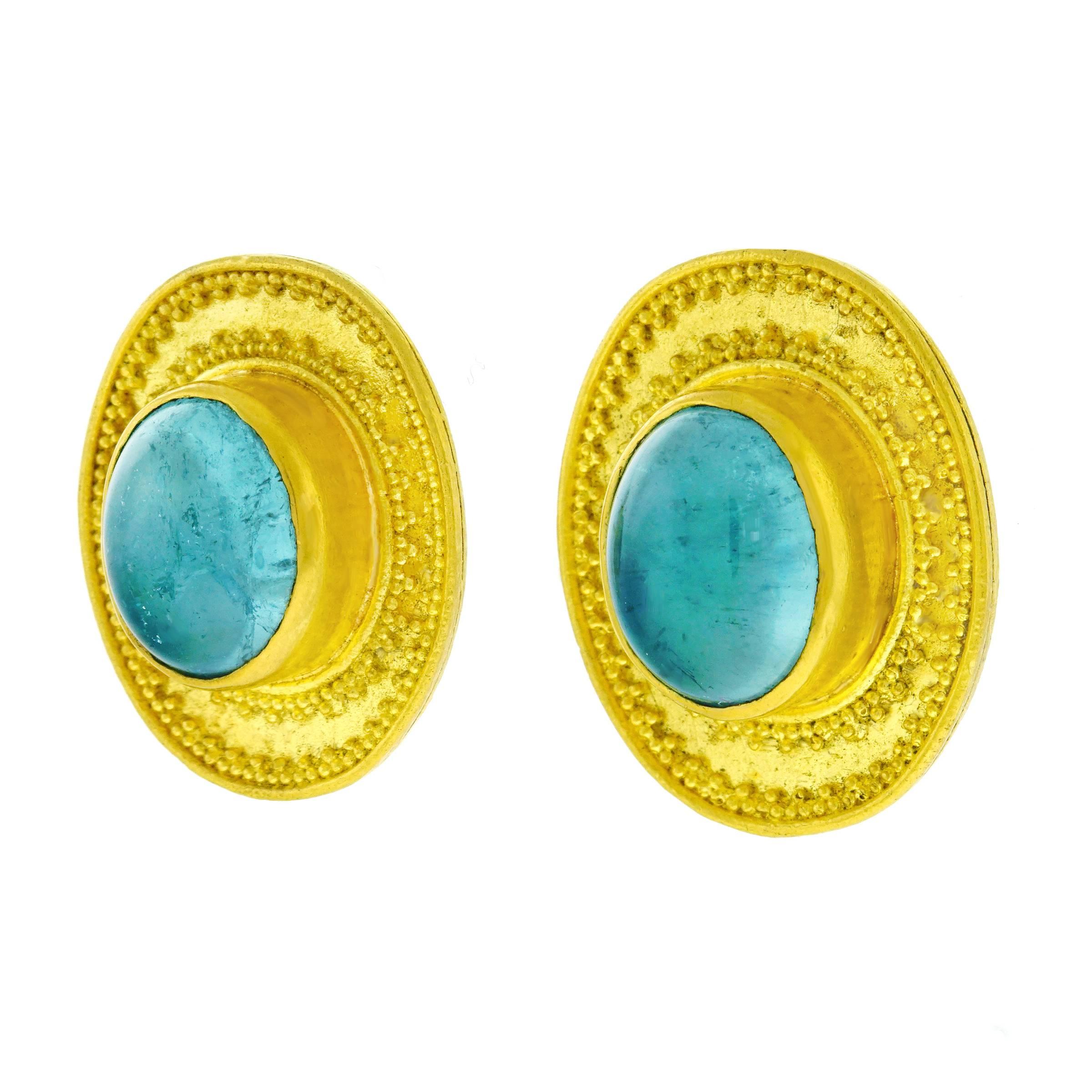 Maija Neimanis Tourmaline Cabochon Set Gold Earrings In Excellent Condition In Litchfield, CT