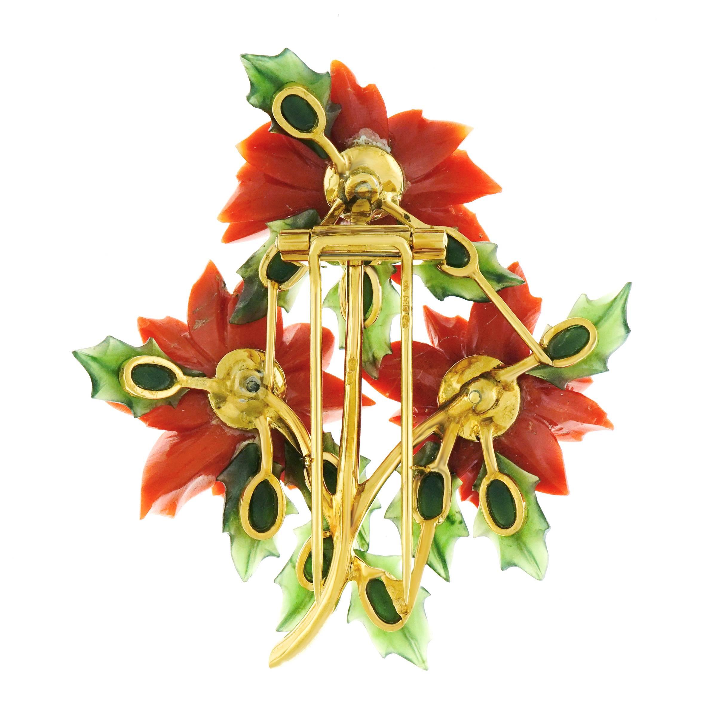 Large Poinsettia Motif Coral and Jade Set Gold Brooch 3