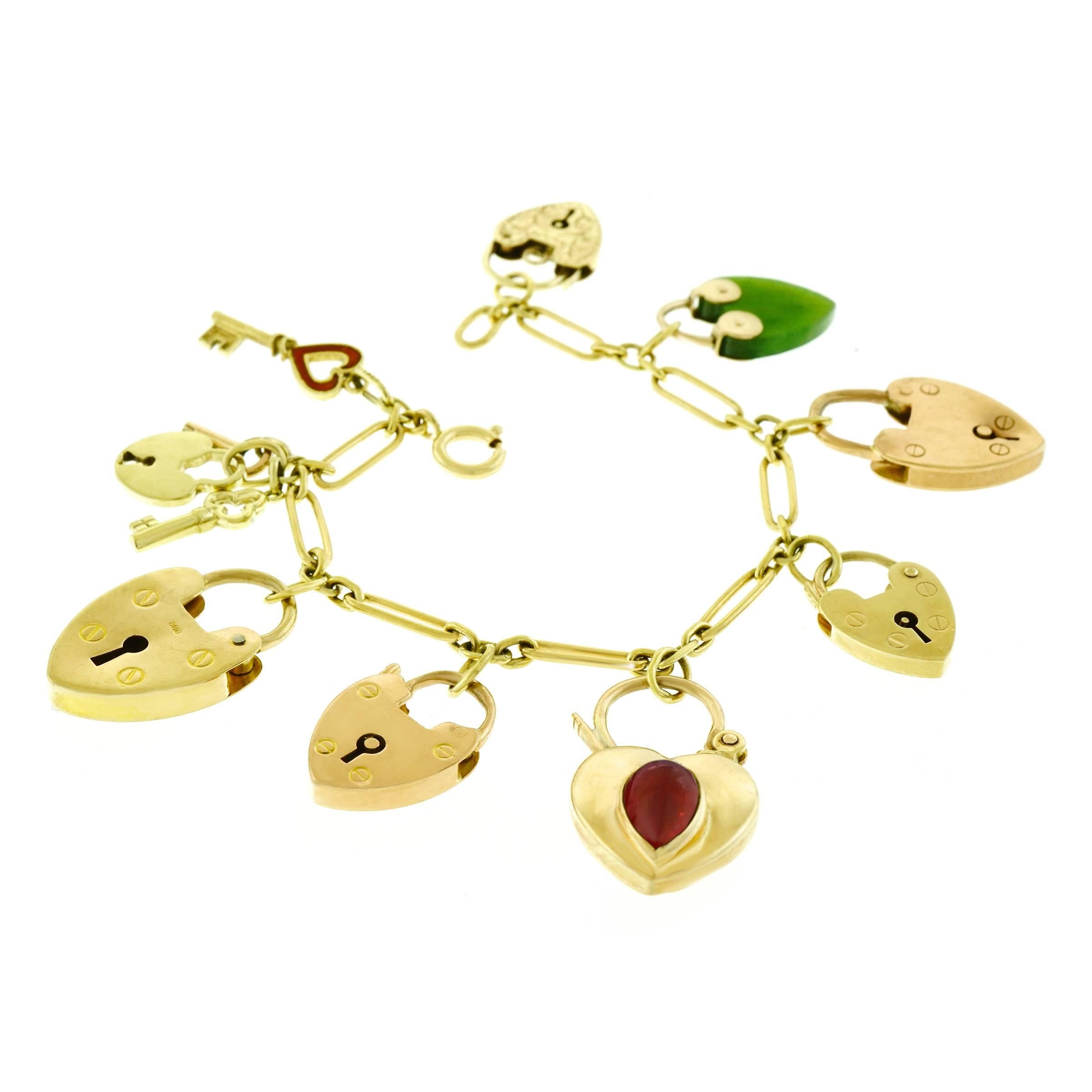 Women's or Men's Antique Heart Locks and Keys Gold Charm Bracelet