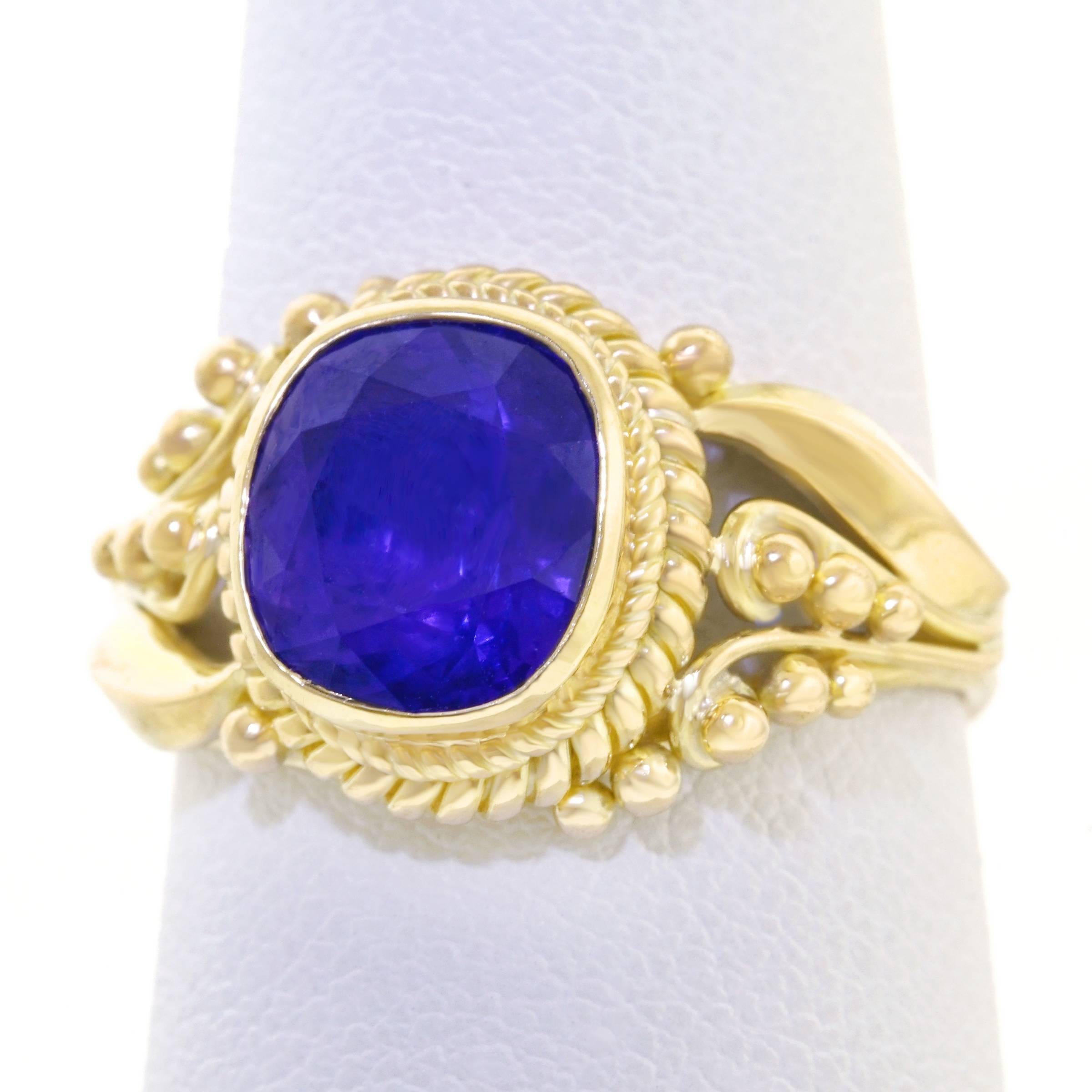 3.88 Carat Purple Sapphire Set Gold Ring GIA 1