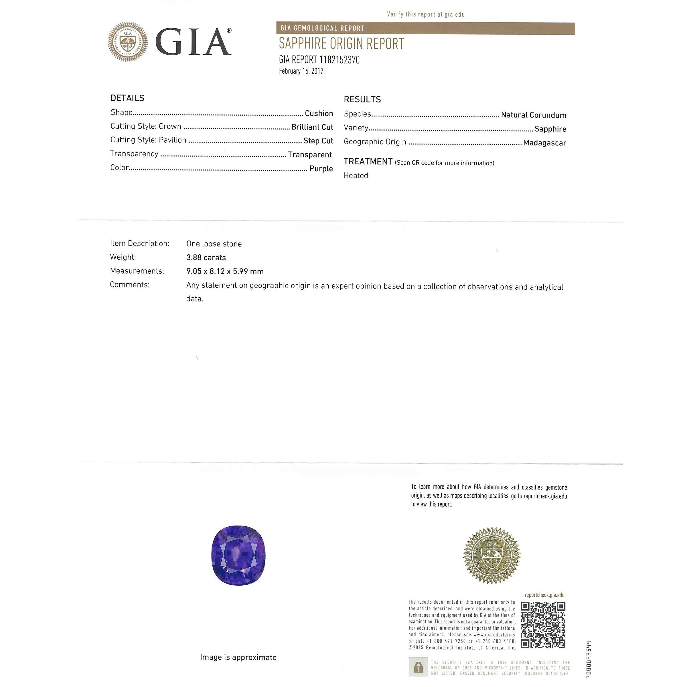 3.88 Carat Purple Sapphire Set Gold Ring GIA 4