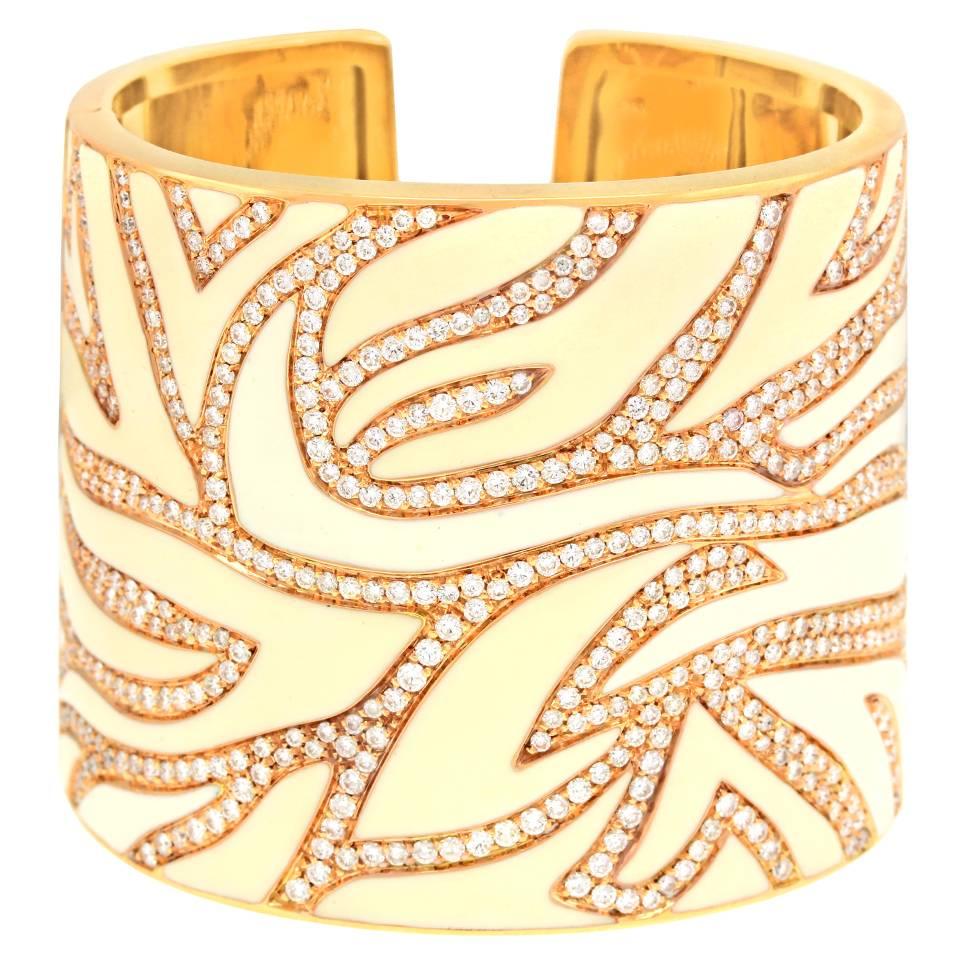 Elegant White Enameled Gold Cuff with 12.0cttw of Diamonds