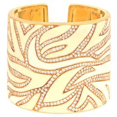 Elegant White Enameled Gold Cuff with 12.0cttw of Diamonds