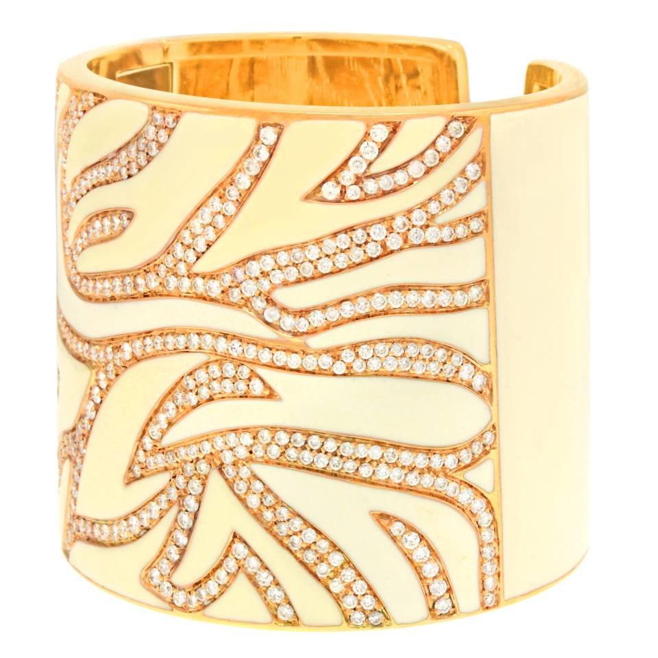 Modern Elegant White Enameled Gold Cuff with 12.0cttw of Diamonds