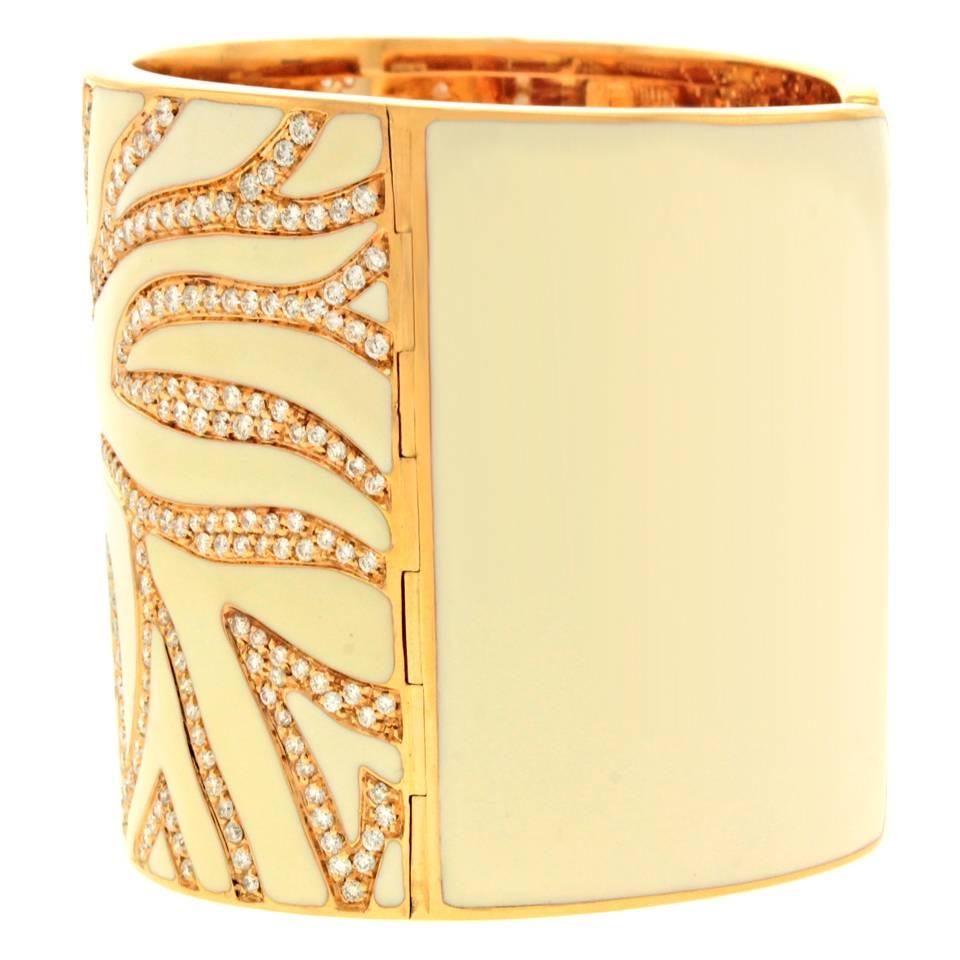 Elegant White Enameled Gold Cuff with 12.0cttw of Diamonds 2