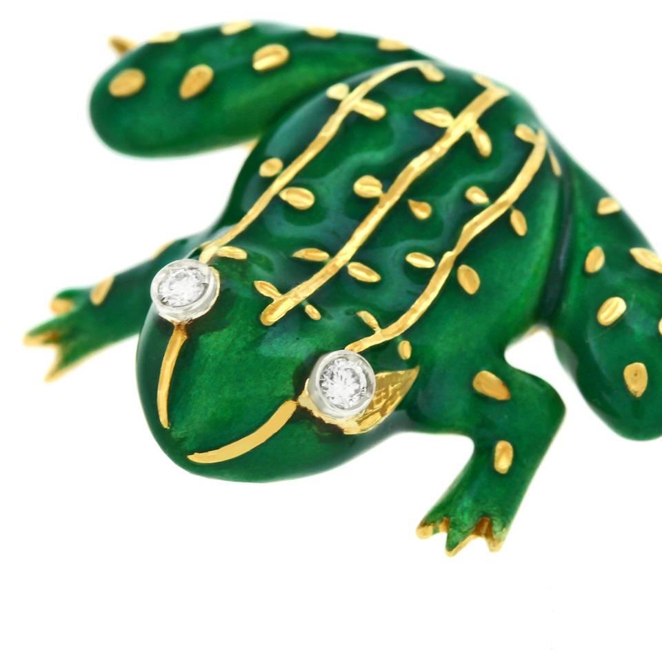 Enameled Gold Frog Brooch In Excellent Condition In Litchfield, CT