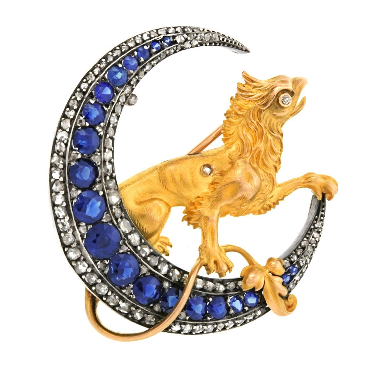 French Renaissance Revival Sapphire Diamond Brooch In Excellent Condition In Litchfield, CT