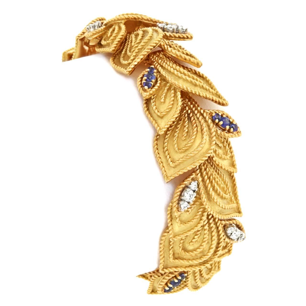 Women's French One of a Kind 1950s Sapphire and Diamond Set Gold Bracelet