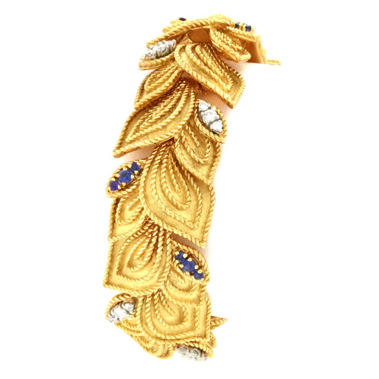 French One of a Kind 1950s Sapphire and Diamond Set Gold Bracelet 1