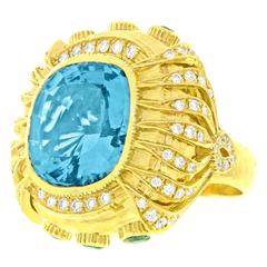 Gorgeous Organic Motif Aquamarine Diamond Gold Ring 8