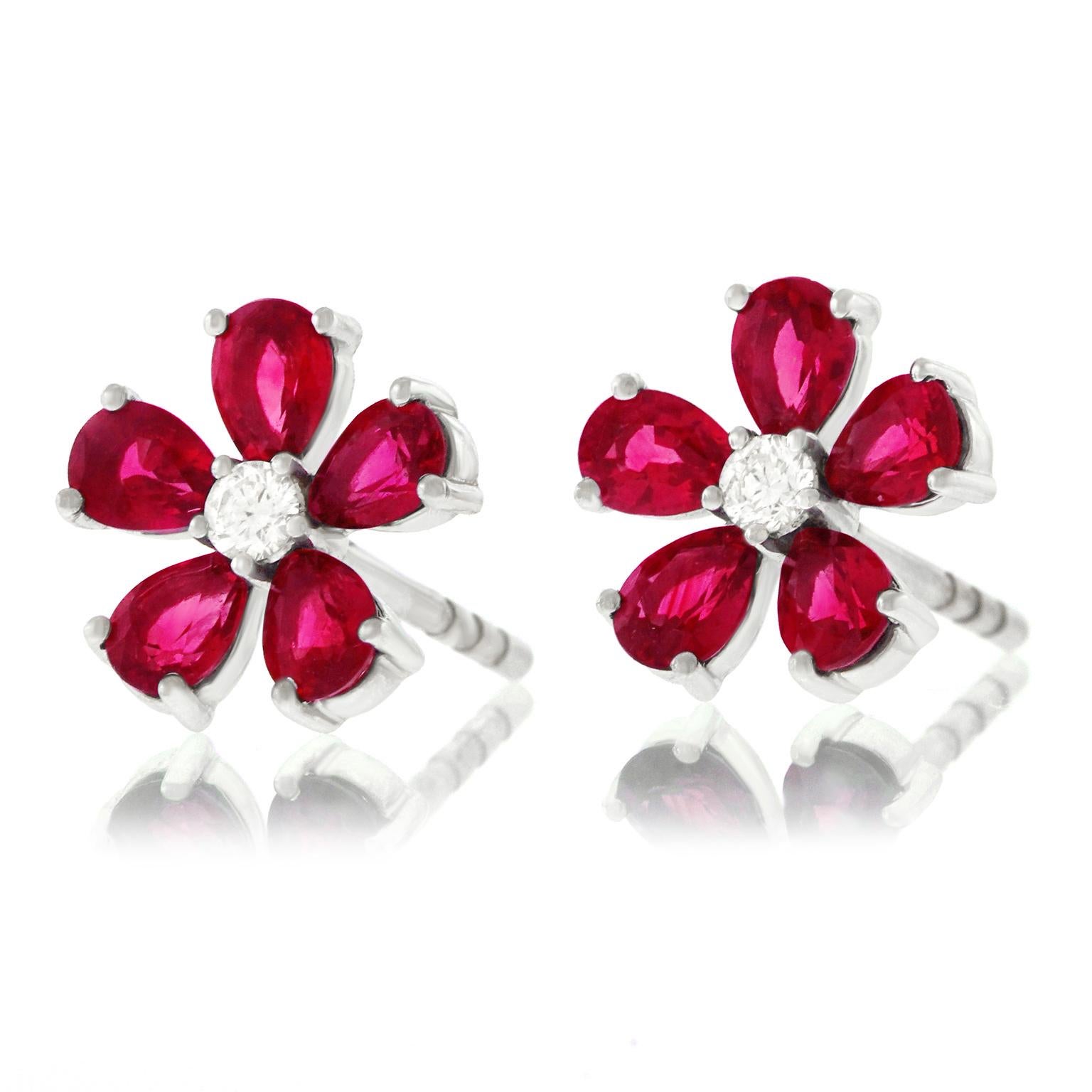 Spark Ruby and Diamond Set Gold Flower Earrings 3