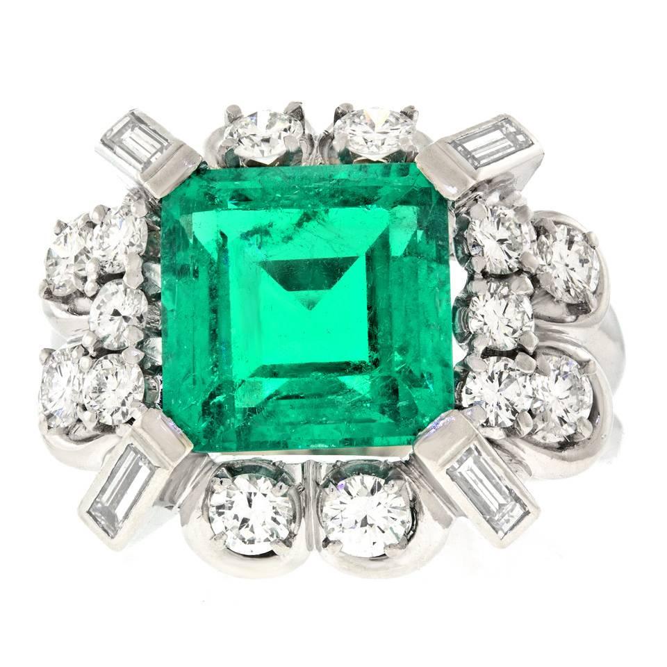 4.0 Carat GIA Columbian Emerald Diamond  Gold Ring 