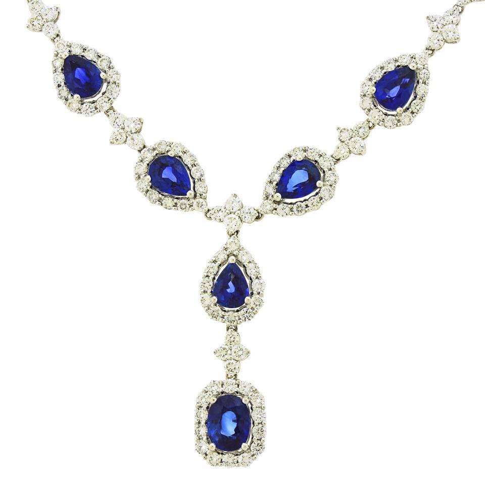 Stunning Gregg Ruth Sapphire & Diamond White Gold Necklace In Excellent Condition In Litchfield, CT