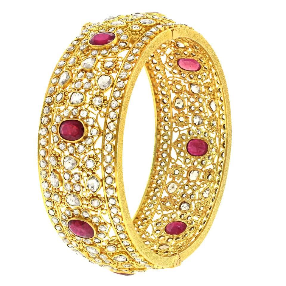 Mogul Diamond and Ruby Set Gold Bangle Bracelet In Excellent Condition In Litchfield, CT