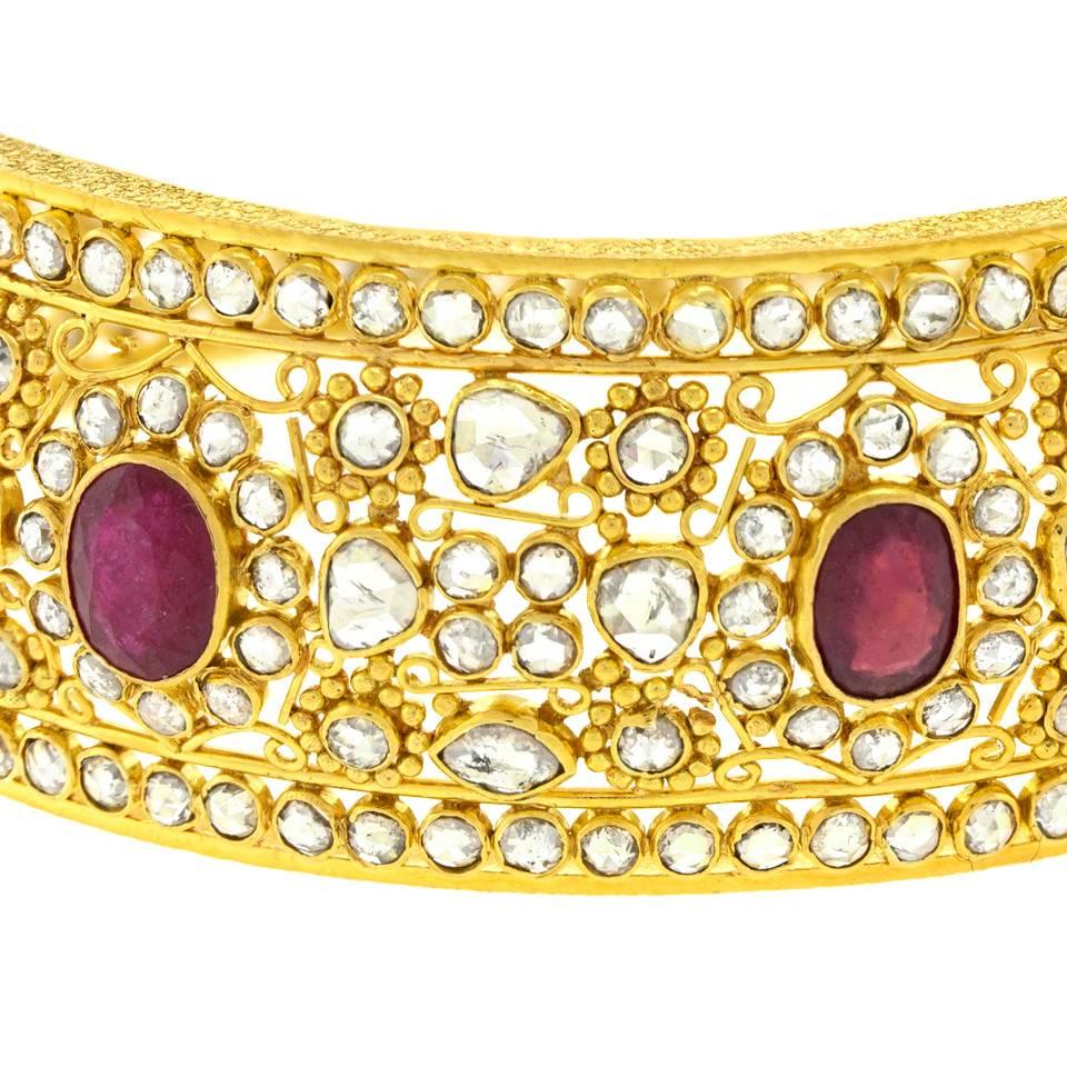 Women's Mogul Diamond and Ruby Set Gold Bangle Bracelet