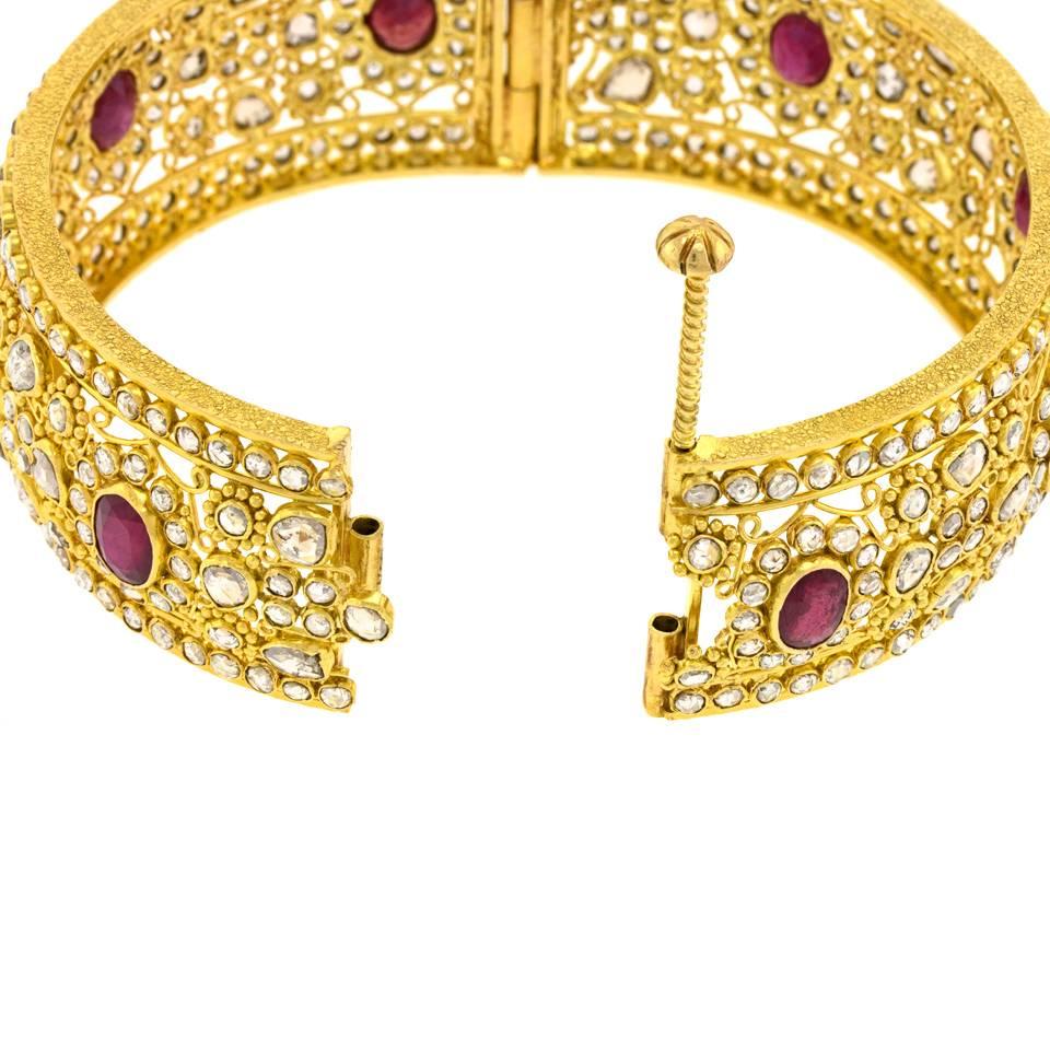 Mogul Diamond and Ruby Set Gold Bangle Bracelet 2