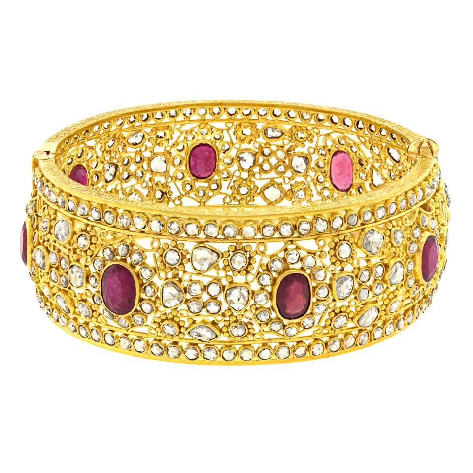 Mogul Diamond and Ruby Set Gold Bangle Bracelet