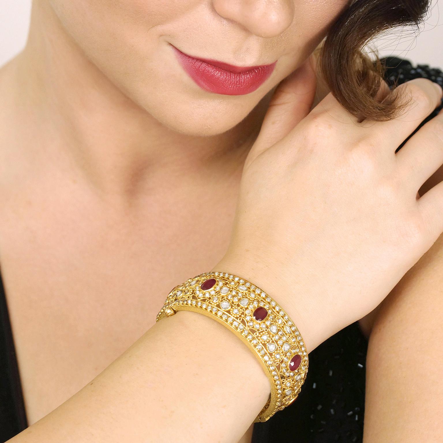 Mogul Diamond and Ruby Set Gold Bangle Bracelet 4