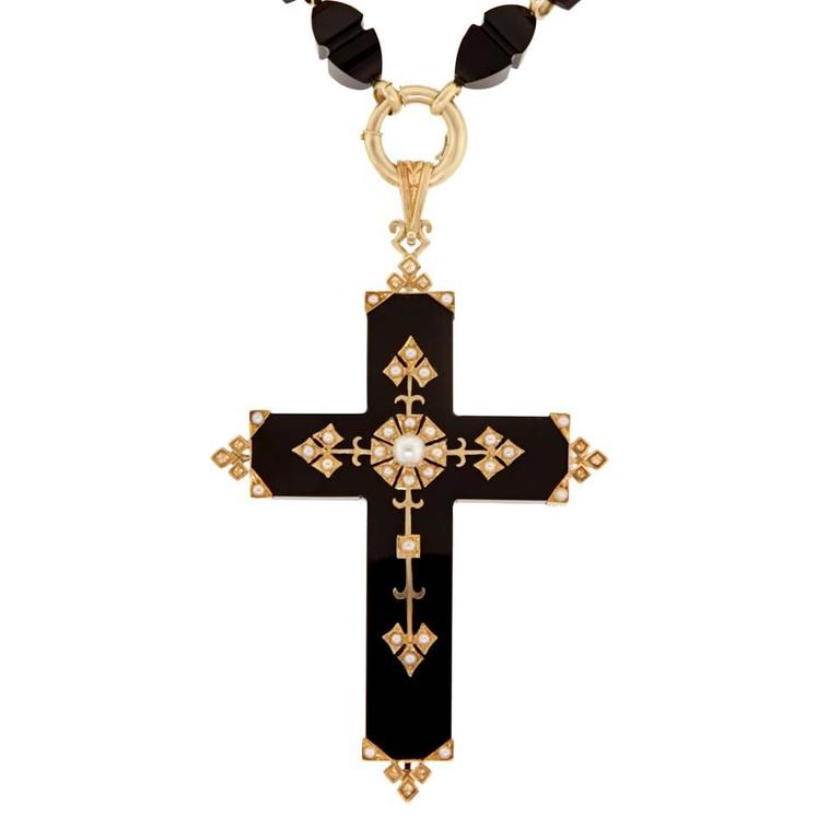 Victorian Gothic Chic Gold Mounted Antique Onyx Cross and Necklace
