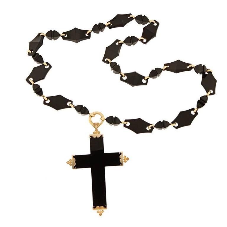 Women's Gothic Chic Gold Mounted Antique Onyx Cross and Necklace