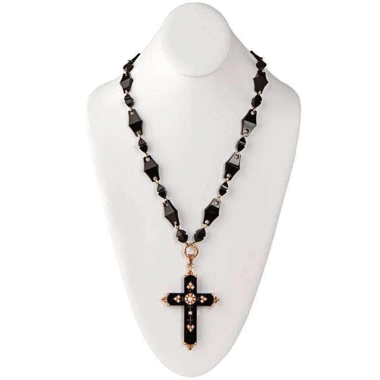 Gothic Chic Gold Mounted Antique Onyx Cross and Necklace 2
