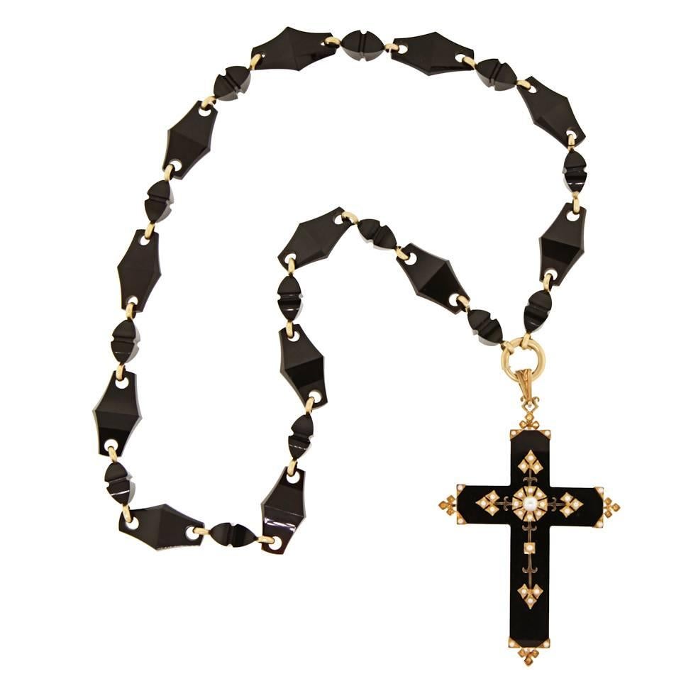 Gothic Chic Gold Mounted Antique Onyx Cross and Necklace 3