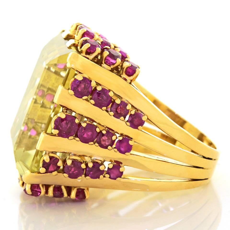 Retro Bold Fifties Yellow Gold Cocktail Ring with 25 Carat Yellow Beryl & Rubies