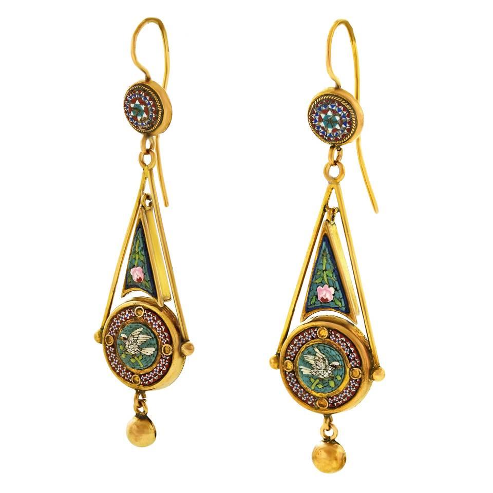 Etruscan Revival Antique Micromosaic in Gold Chandelier Earrings