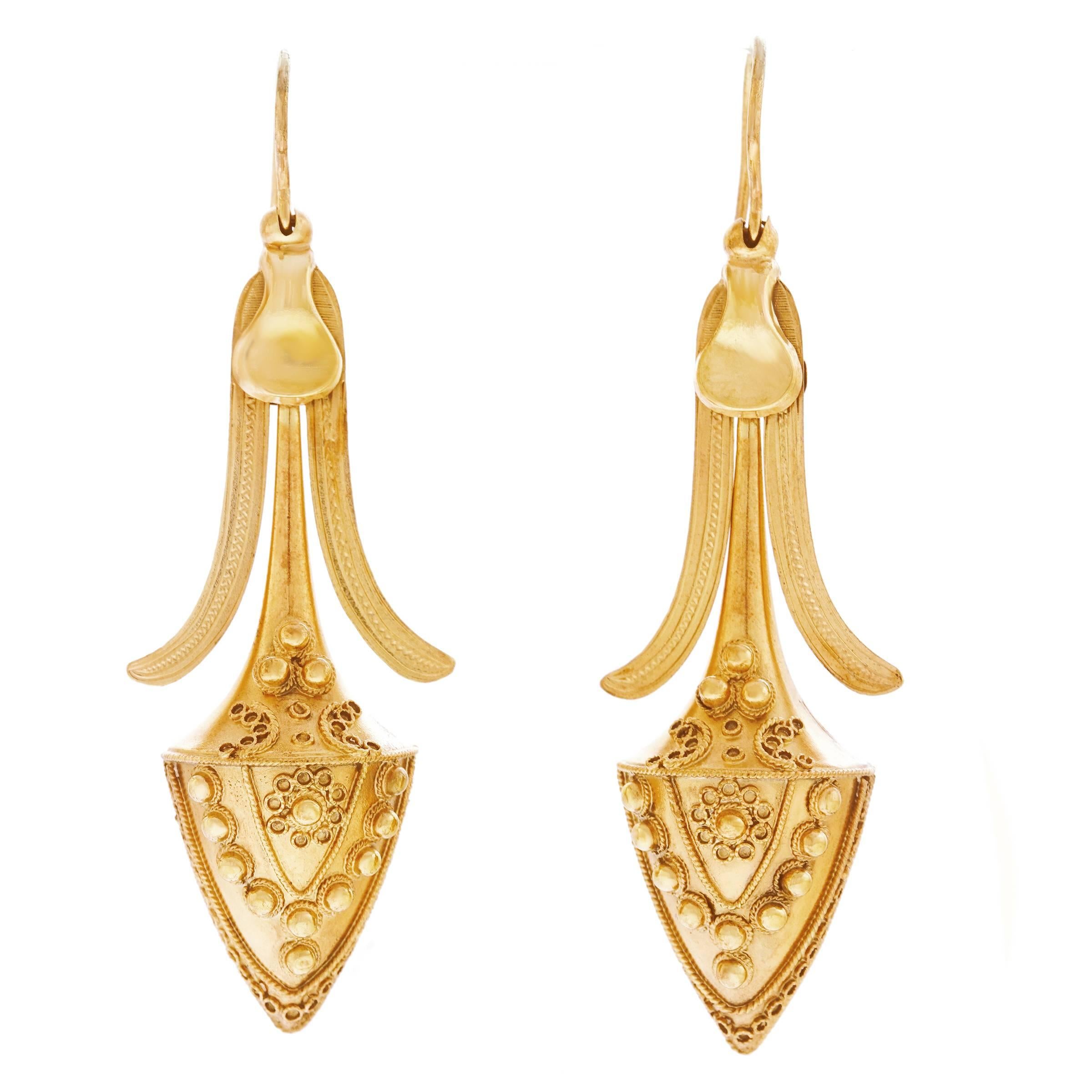 Antique Etruscan Revival Gold Chandelier Earrings
