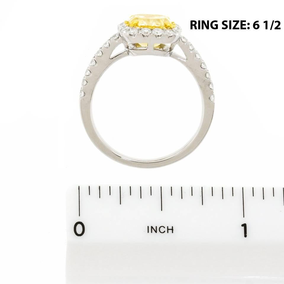 2.0 Carat Cushion Cut Fancy Intense Yellow Diamond Gold Ring In Excellent Condition In Litchfield, CT