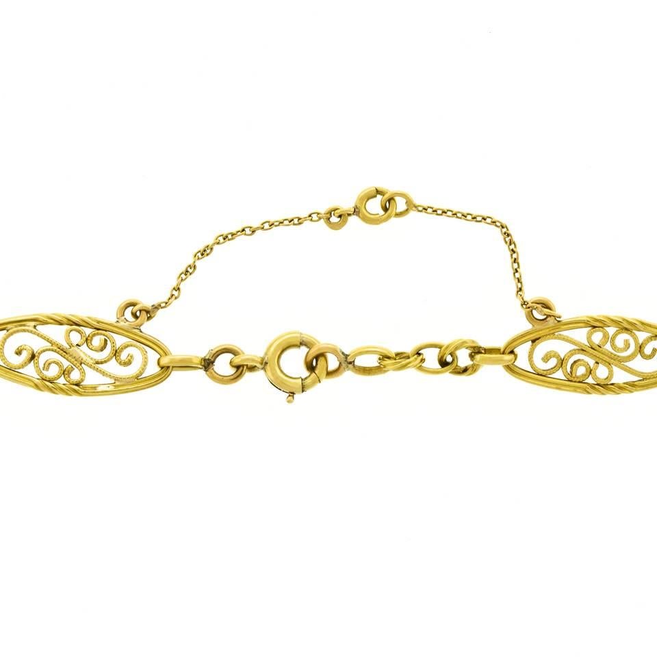 Antique French 28 Inch Long Filigree Gold Necklace In Excellent Condition In Litchfield, CT