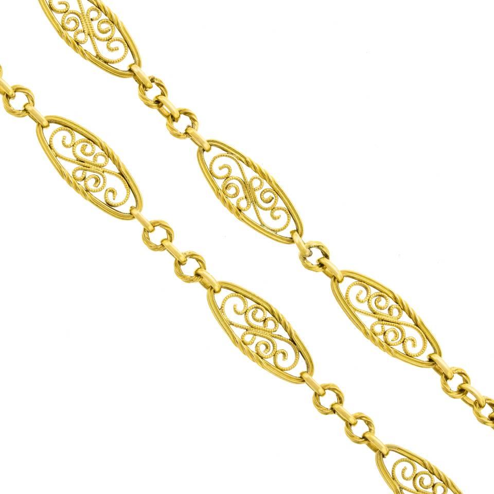 Antique French 28 Inch Long Filigree Gold Necklace 1