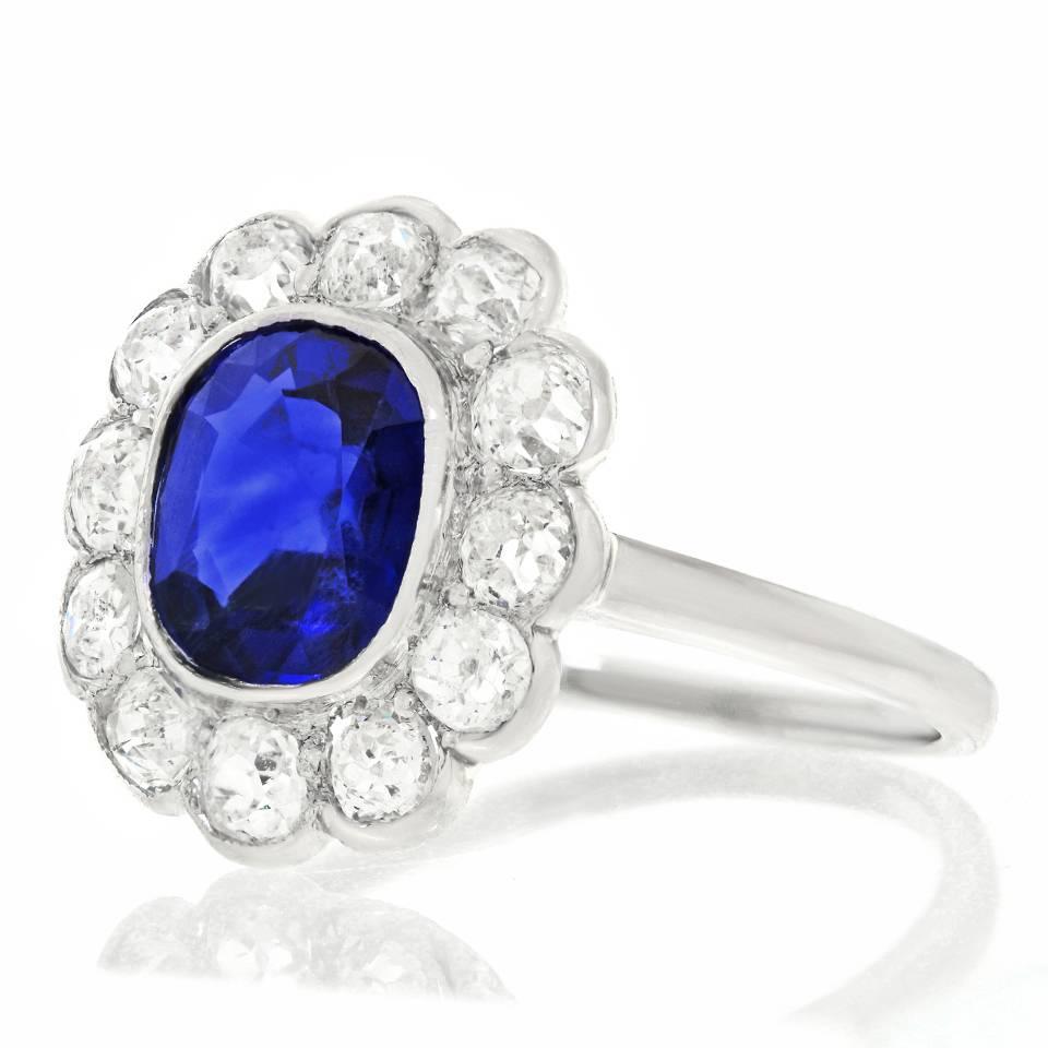 Antique 1.75 carat No Heat Burma GIA Sapphire Diamond Ring  In Excellent Condition In Litchfield, CT