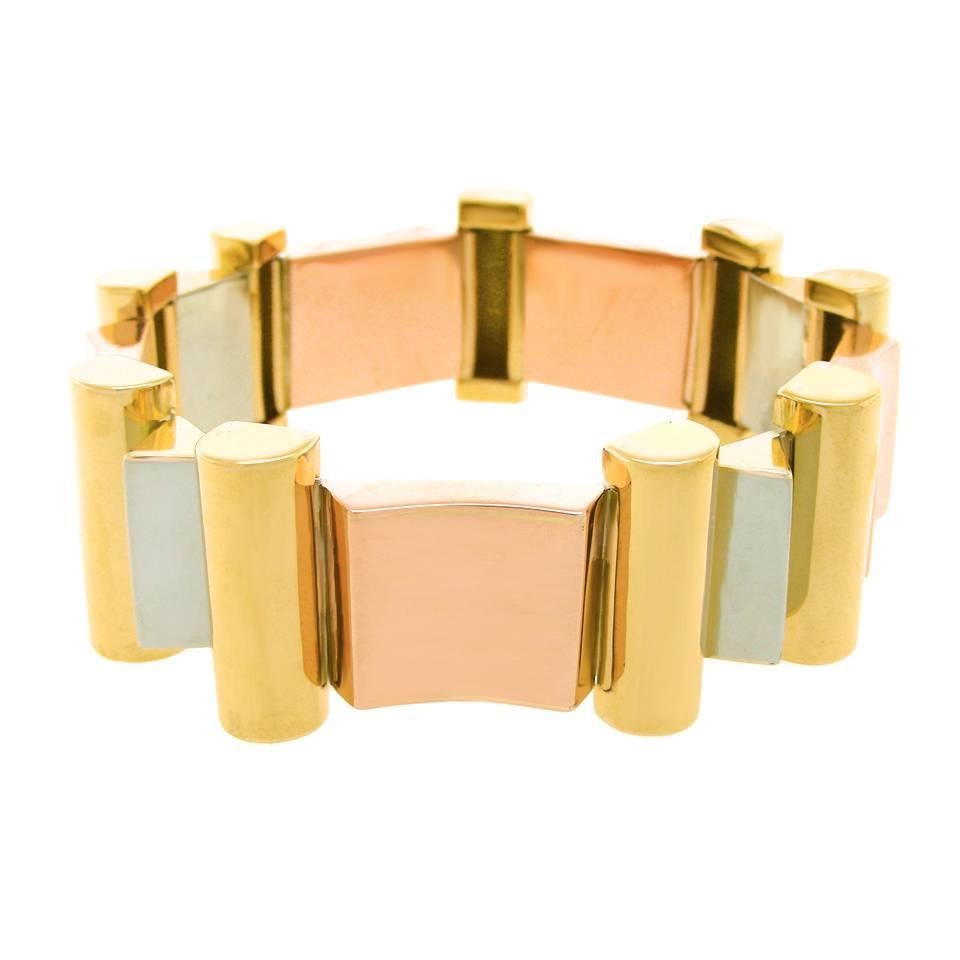 Women's Art Deco Constructivist Three Color Gold Bracelet France