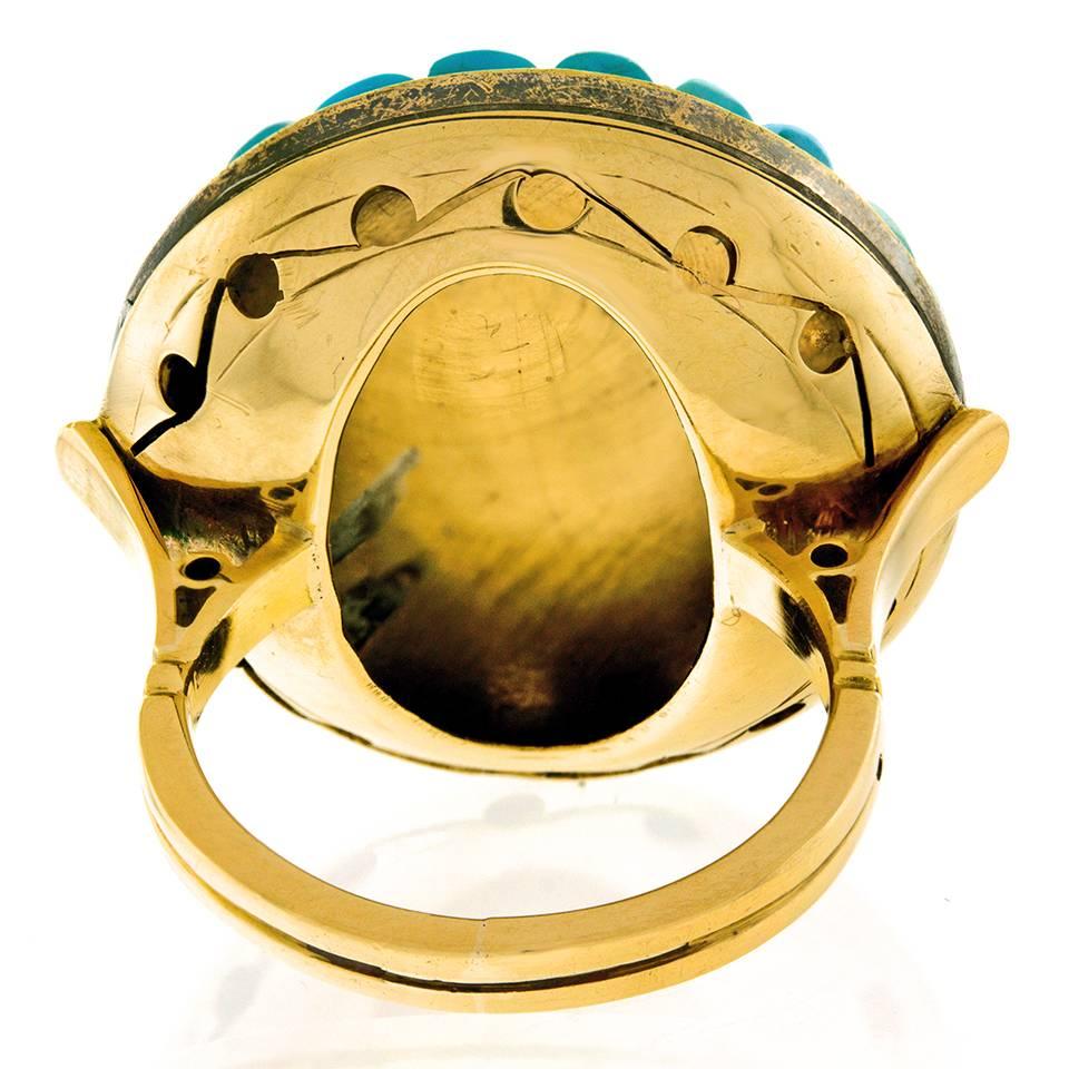 Women's or Men's Antique Persian Turquoise and Diamond Set Gold Ring