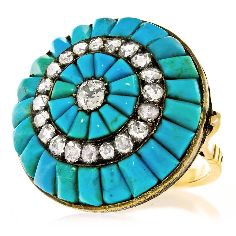 Antique Persian Turquoise and Diamond Set Gold Ring 1