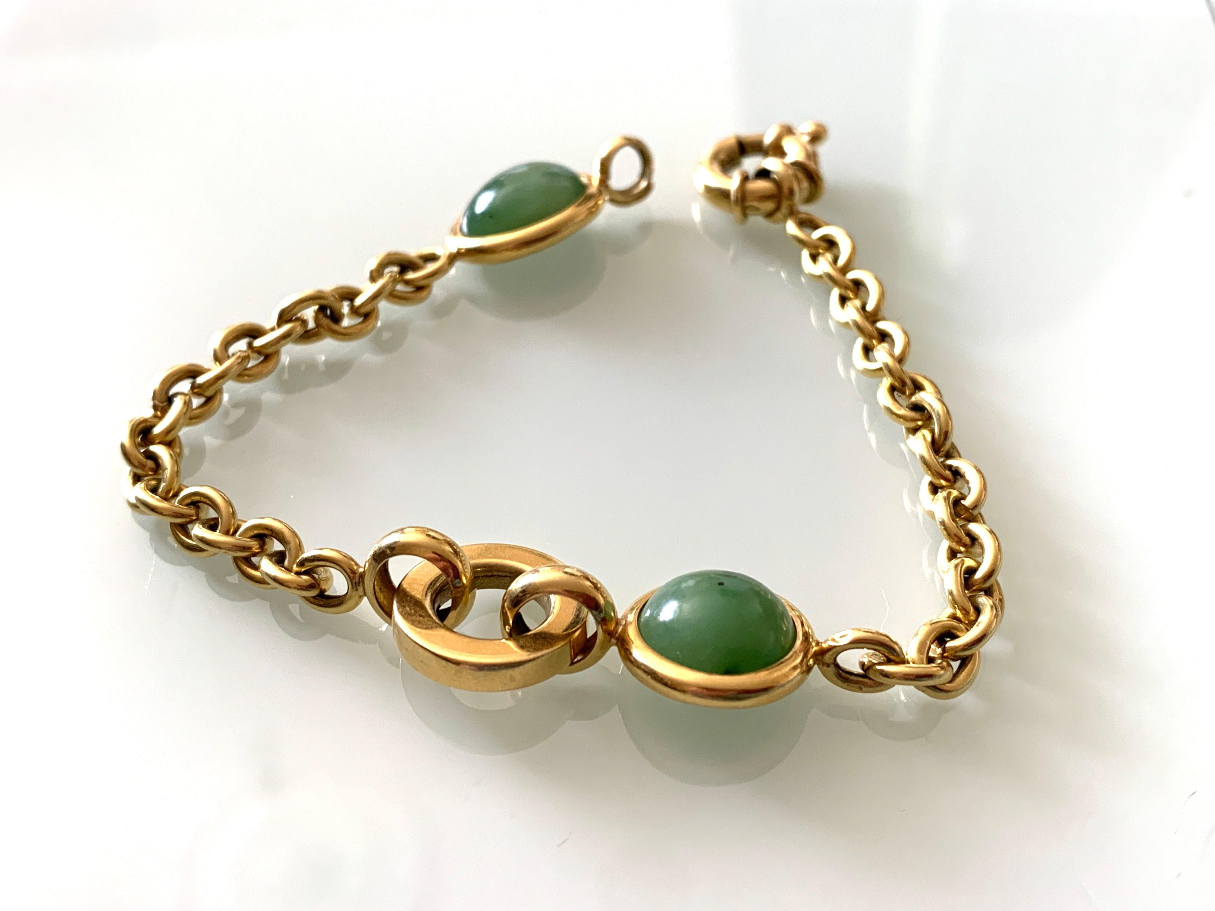 Étonnant
Bracelet français en or 18ct
avec deux cabochons en pierre de Jade
avec marquage français complet
Tête d'aigle pour timbres en or 18ct et 750 deux fois
également la marque de fabricant G & S avec un timbre de club entre les deux




