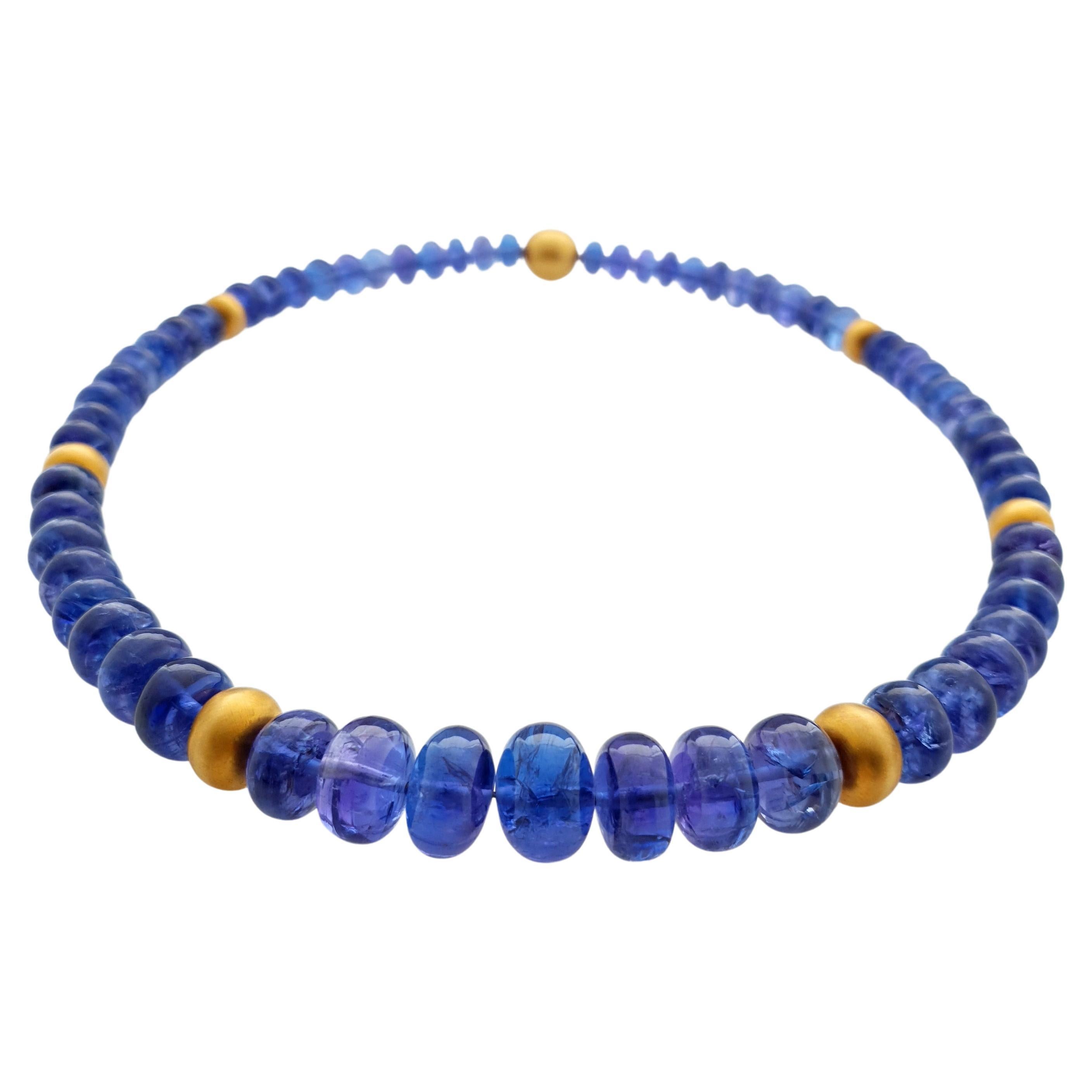 Cornflower Blue Tanzanite Rondel Beaded Necklace with 18 Carat Mat Yellow Gold