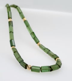 Green Tourmaline Crystal Beaded Necklace with 18 Carat yellow Gold