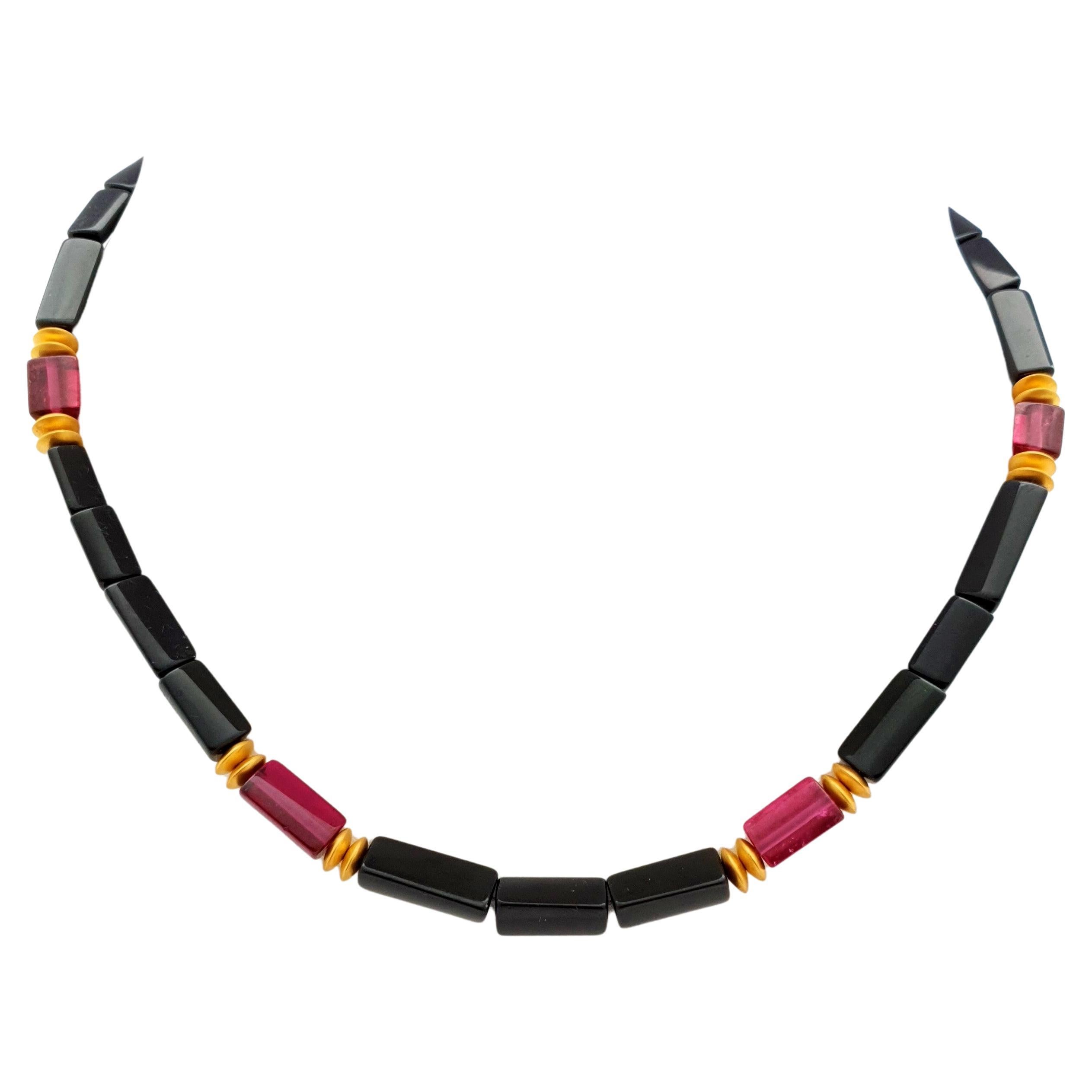 Black and Red Tourmaline Crystal Beaded Necklace with 18 Carat Mat Yellow Gold