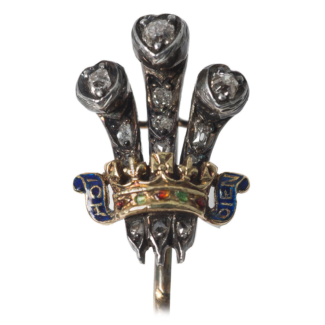 Late Victorian Royal Presentation Tie-Pin by King Edward VII when Prince of Wales. The Prince of Wales feathers are set with diamonds and tied off with the 'Ich Dien' motto in enamel.
These have become increasingly rare and sought after. Made about