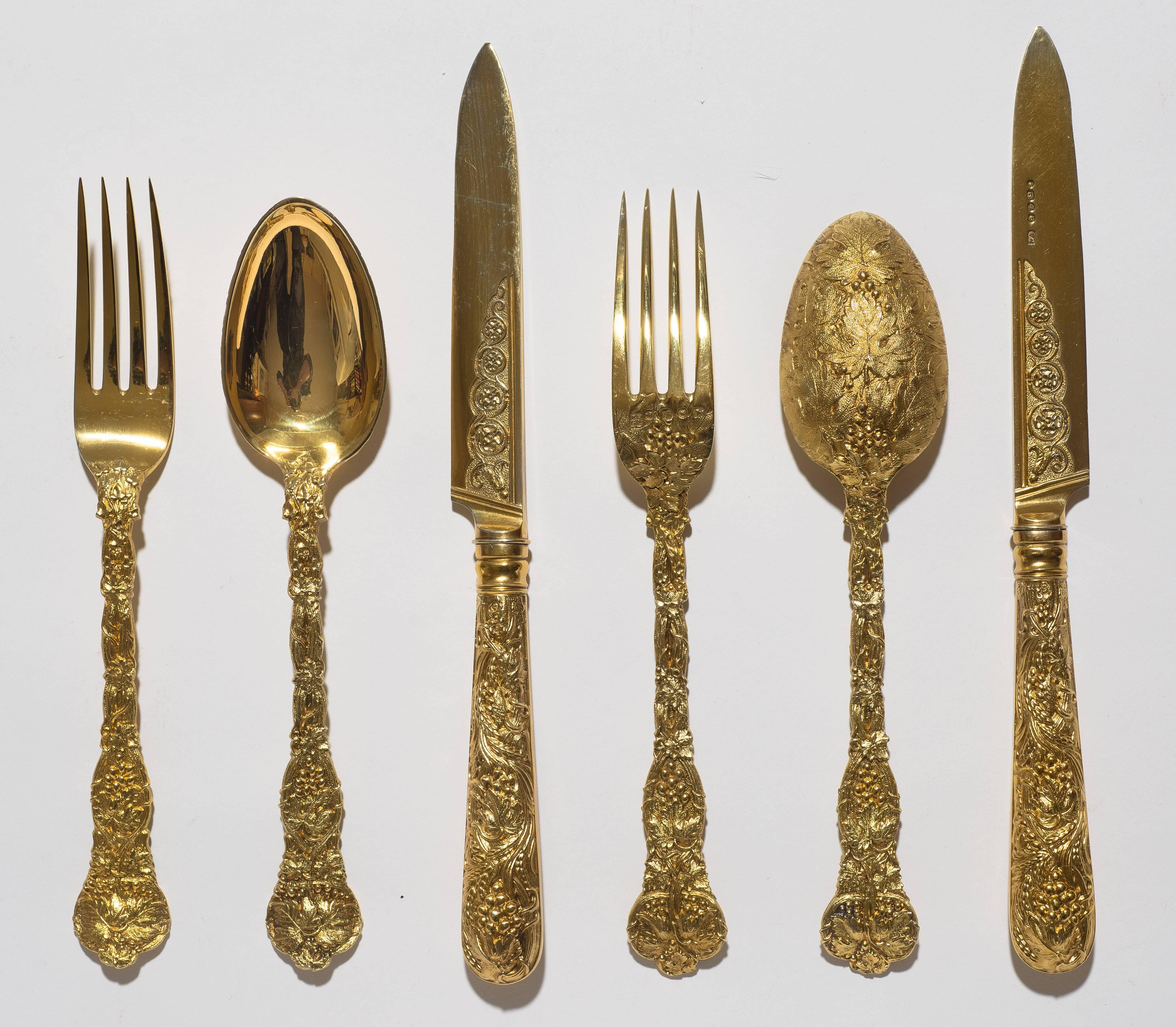 A SUPERB VICTORIAN SILVER-GILT SERVICE  Made by George Adams, London Hallmarks , beginning of the reign of Queen Victoria 1842 sold by Crown Jewellers Garrard & Co., Ltd. London. The service is similar to those used at the British Royal