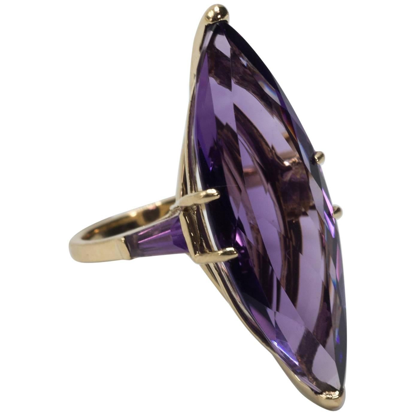 Large Purple Amethyst Marquise Cut Gold Ring